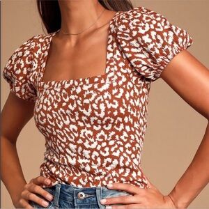 Free People Brown and White Leopard Print Puff Sleeve Top